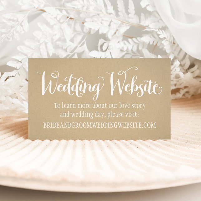 Rustic Kraft Wedding White Script Website Begleitkarte (Von Creator hochgeladen)