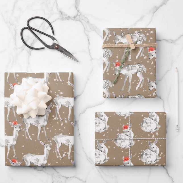 Rustic Kraft White Baby Doe Reindeers Weihnachtsma Geschenkpapier Set (Vorderseite)