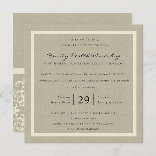 RUSTIC KRAFT WHITE DAMASK CLASSIC WORKSHOP EVENT EINLADUNG (Vorne/Hinten)