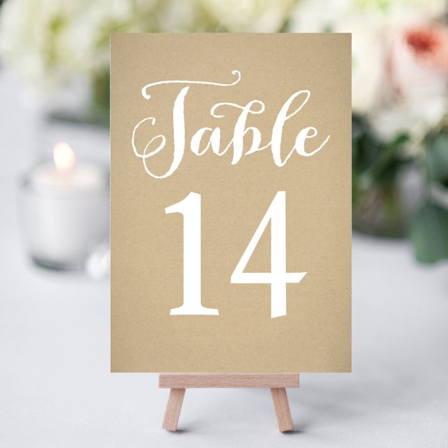 Rustic Kraft White Script Wedding Tischnummer (Von Creator hochgeladen)