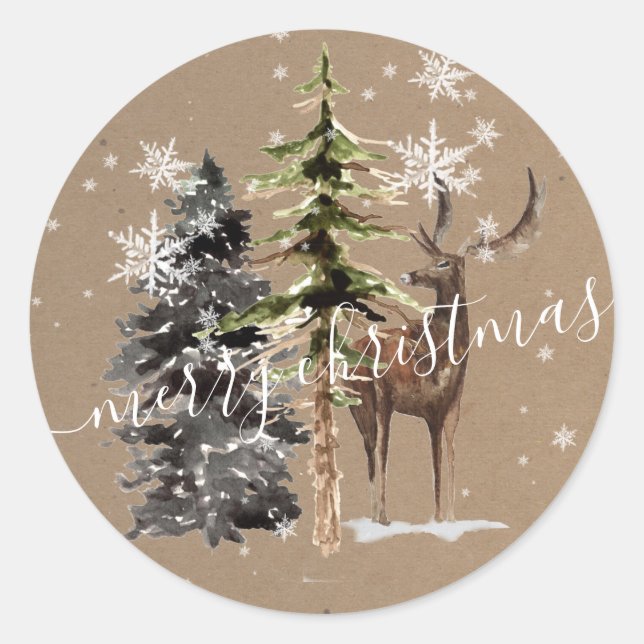 Rustic Kraft Winter Woodland Frohe Weihnachten Runder Aufkleber (Vorderseite)