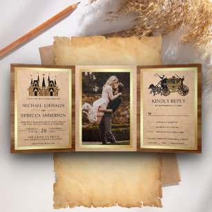 Rustic Kraft Wood Fairytale Castle Wedding Foto Dreifach Gefaltete Einladung