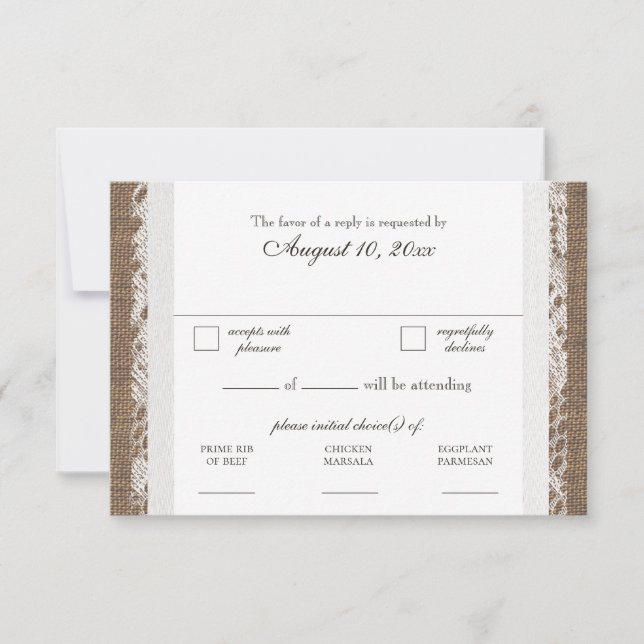 Rustic Lace and Burlap Wedding RSVP Dinner Wählen  (Vorderseite)