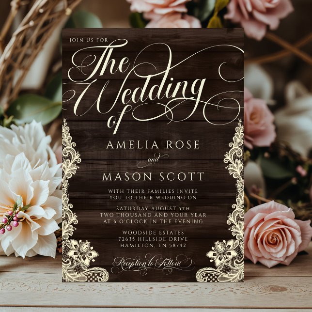 Rustic Lace and Wood Script Calligraphy Wedding Einladung (Rustic Lace and Wood Script Calligraphy Wedding Invitation)