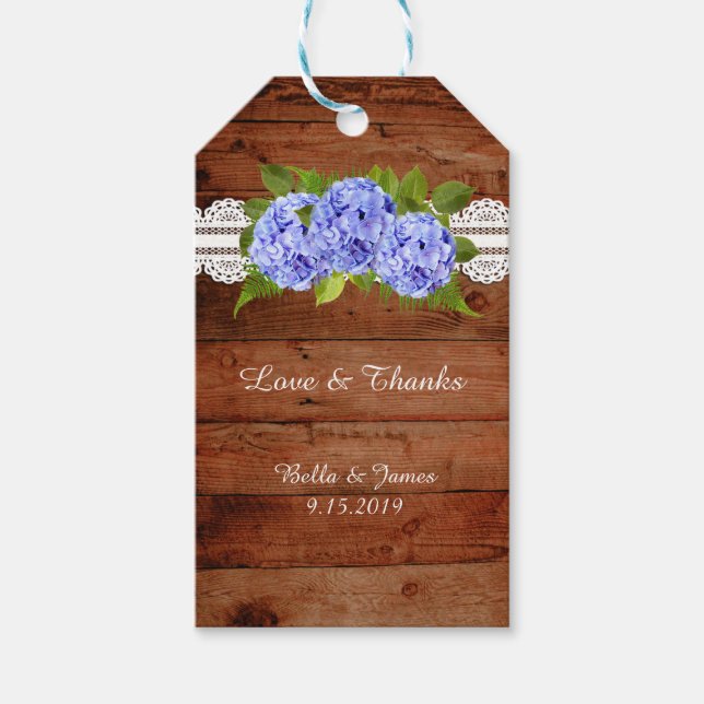 Rustic Lace Blue Hydrangea Gastgeschenk Hochzeit G Geschenkanhänger (Vorderseite)