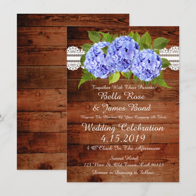 Rustic Lace Blue Hydrangea Hochzeit Einladung (Vorne/Hinten)