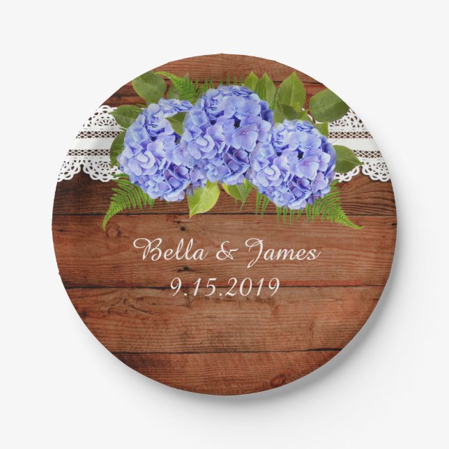 Rustic Lace Blue Hydrangea Wedding Paper Plate Pappteller (Vorderseite)