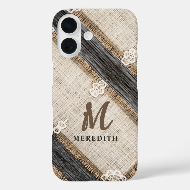 Rustic Lace Burlap Barn Holz Elegance Monogram Case-Mate iPhone Hülle (Rückseite)