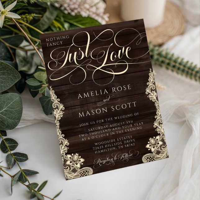 Rustic Lace Dark Wood Just Love Script Wedding Einladung (Rustic Lace Dark Wood Nothing Fancy Just Love Script Wedding Invitation)