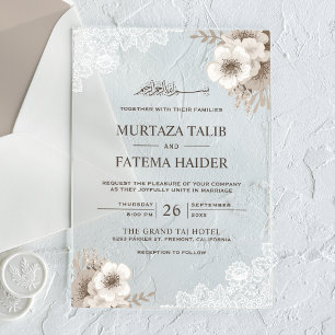 Rustic Lace Elfenbein Floral Islamische Hochzeit Acryleinladungen