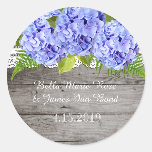 Rustic Lace Hydrangeas Hochzeitsaufkleber Runder Aufkleber (Vorderseite)