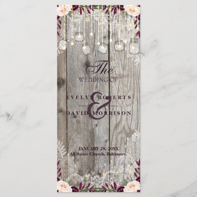 Rustic Lace Jar Wood String Lights Hochzeitsprogra Programm (Vorderseite)