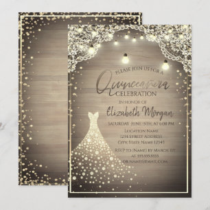 Rustic Lace, Lichter, Holzdiamanten Kleid Quinceañ Einladung