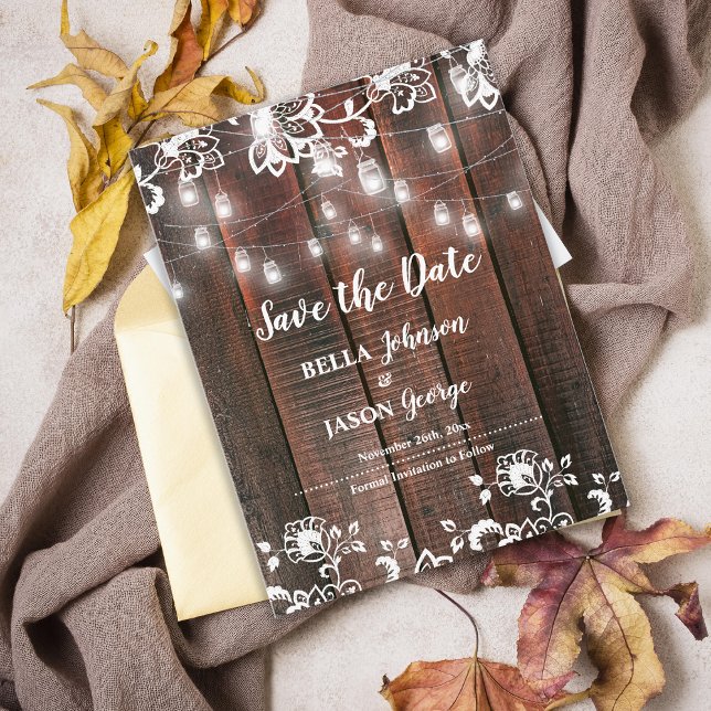 Rustic Lace String Lights Wedding Save The Date Einladungspostkarte (Rustic Wood String Lights Save the Date Invitation | Barn Wedding Lace Wood Save Our Date Card)