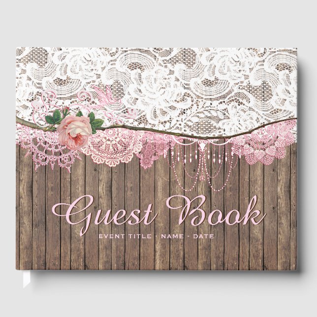 Rustic Lace Wood Baby Shower Wedgebook Gästebuch (Vorderseite)