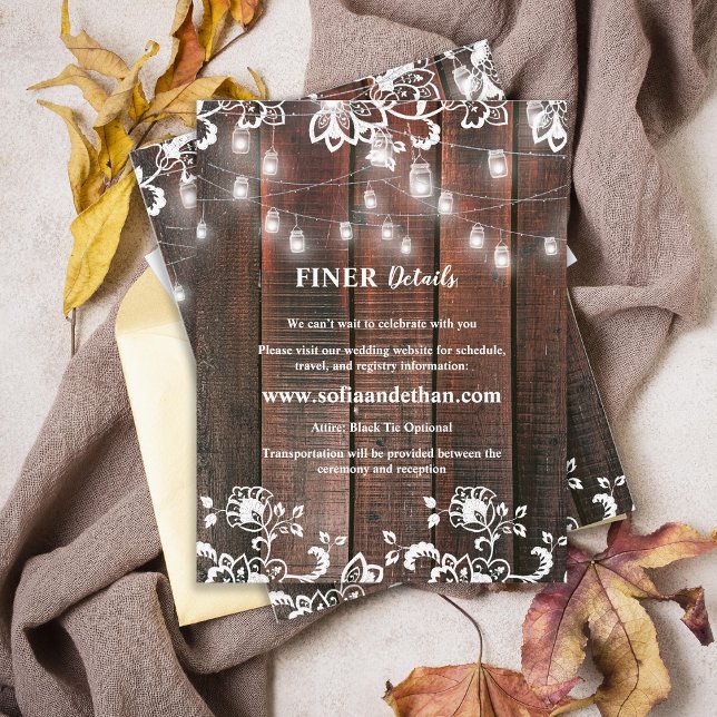 Rustic Lace Wood String Lights Wedding Details Begleitkarte (Rustic Wood String Lights Wedding Details Card | Barn Lace Wood Enclosure Information Card)