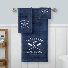 Rustic Lake House Familienname Blue Wood Badhandtuch Set