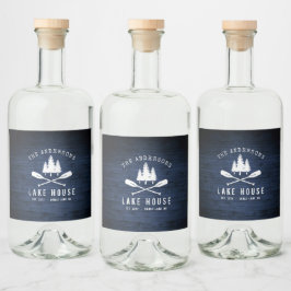 Rustic Lake House Oars Trees Blue Wood Print Label Alkoholflaschenetikett