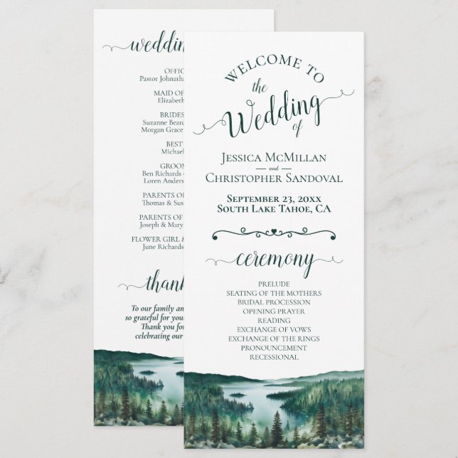 Rustic Lake Tahoe Watercolor Landscape Wedding Programm (Vorne/Hinten)