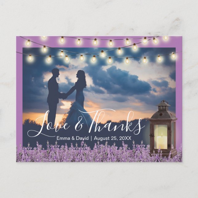 Rustic Lantern Lavender Floral Foto Vielen Dank Postkarte (Vorderseite)