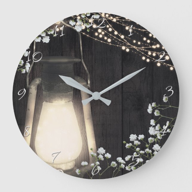 Rustic Lantern Light & Baby's Breath Floral Große Wanduhr (Vorderseite)