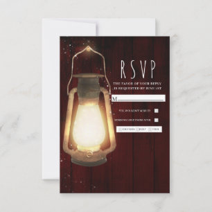 Rustic Lantern Lights Cherry Wood Wedding RSVP Karte