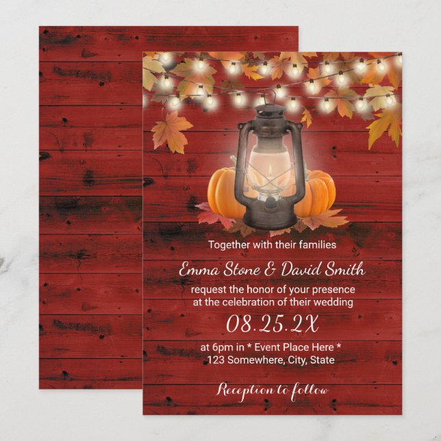 Rustic Lantern & Pumpkins Red Barn Hochzeit im Her Einladung (Vorne/Hinten)