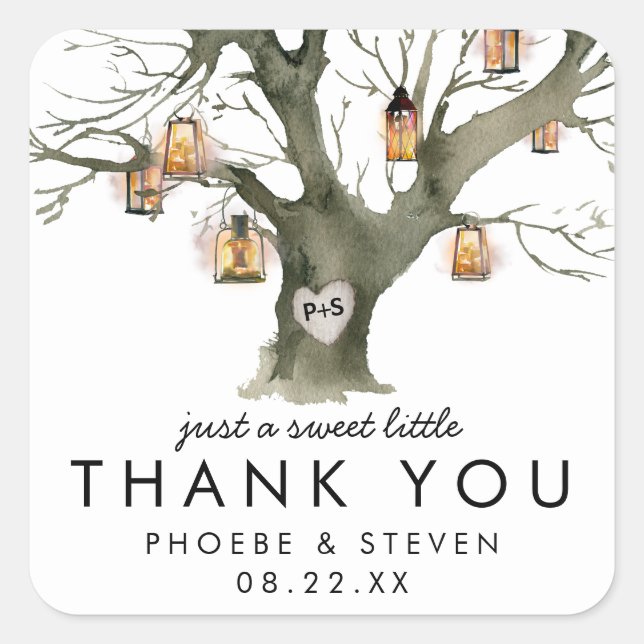 Rustic Lanterns Oak Tree Sweet Gastgeschenk Hochze Quadratischer Aufkleber (Vorderseite)