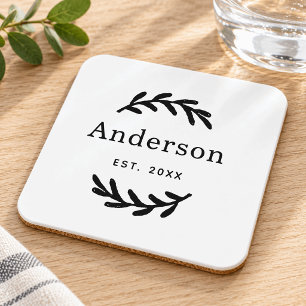 Rustic Laurel Branch Wreath Nachname Monogram Getränkeuntersetzer