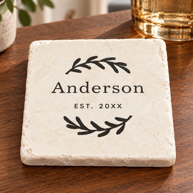 Rustic Laurel Branch Wreath Nachname Monogram Steinuntersetzer (Von Creator hochgeladen)