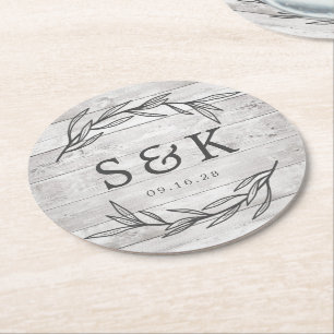 Rustic Laurel Leaf Monogram Wedding Runder Pappuntersetzer