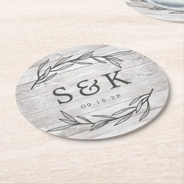Rustic Laurel Leaf Monogram Wedding Runder Pappuntersetzer (Angewinkelt)