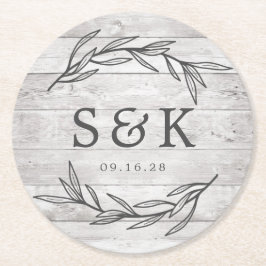 Rustic Laurel Leaf Monogram Wedding Runder Pappuntersetzer