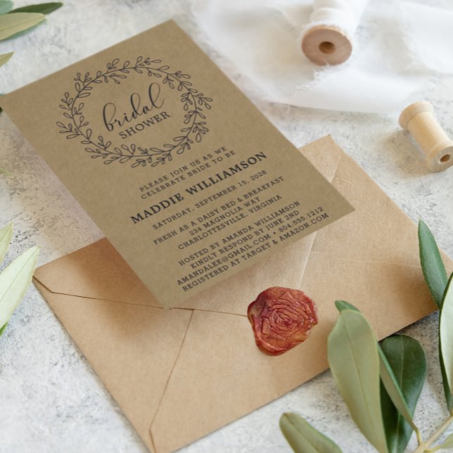 Rustic Laurel Wreath Kraft Brautparty Einladung Postkarte (Von Creator hochgeladen)