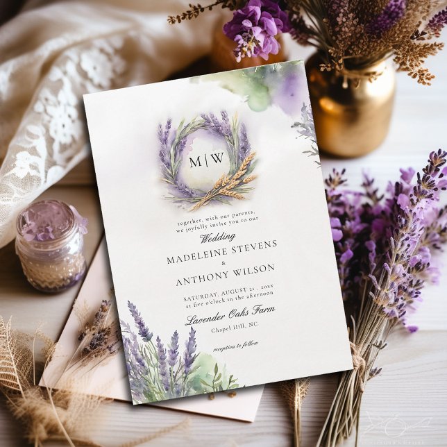 Rustic Lavender Elegant Wreath Monogram Wedding Einladung (lavender wedding invitation watercolor botanical wreath monograms elegant modern romantic)