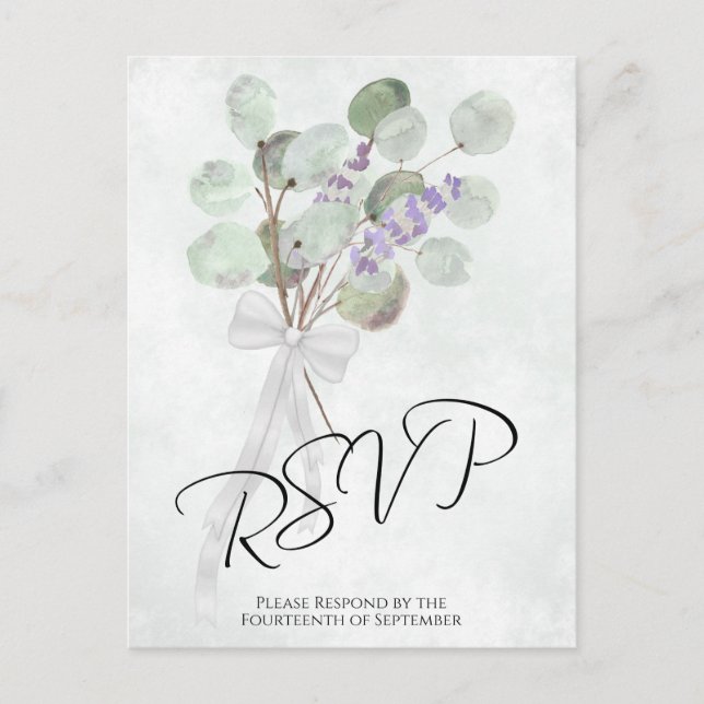 Rustic Lavender Eucalyptus Bouquet Wedding RSVP Postkarte (Vorderseite)