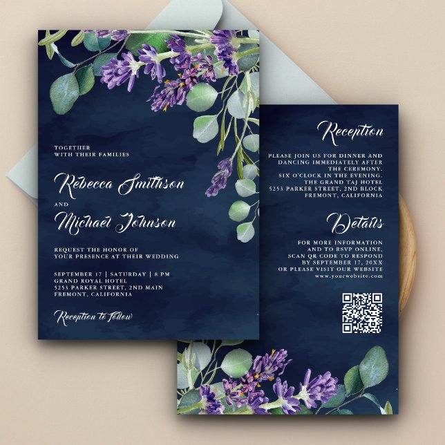 Rustic Lavender Eucalyptus QR Code Navy Wedding Einladung (Von Creator hochgeladen)