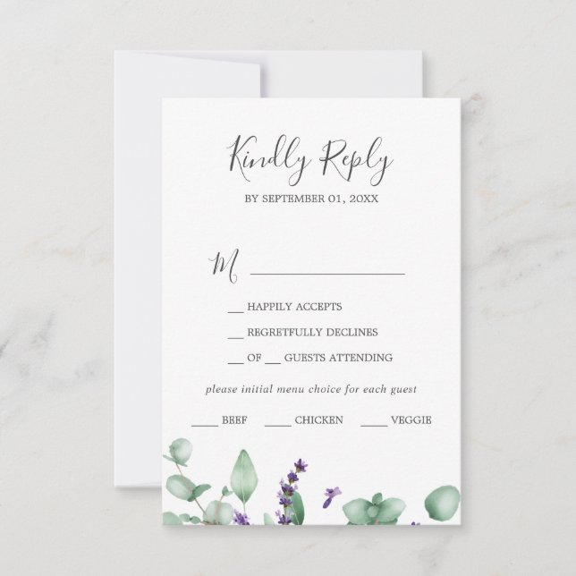 Rustic Lavender & Eukalyptus Menü Auswahl RSVP Kar (Vorderseite)