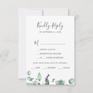 Rustic Lavender & Eukalyptus Menü Auswahl RSVP Kar Karte