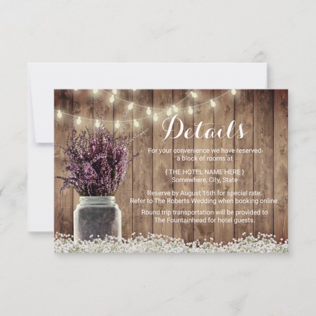 Rustic Lavender Floral Mason Jar Wedding Details Einladung (Vorderseite)
