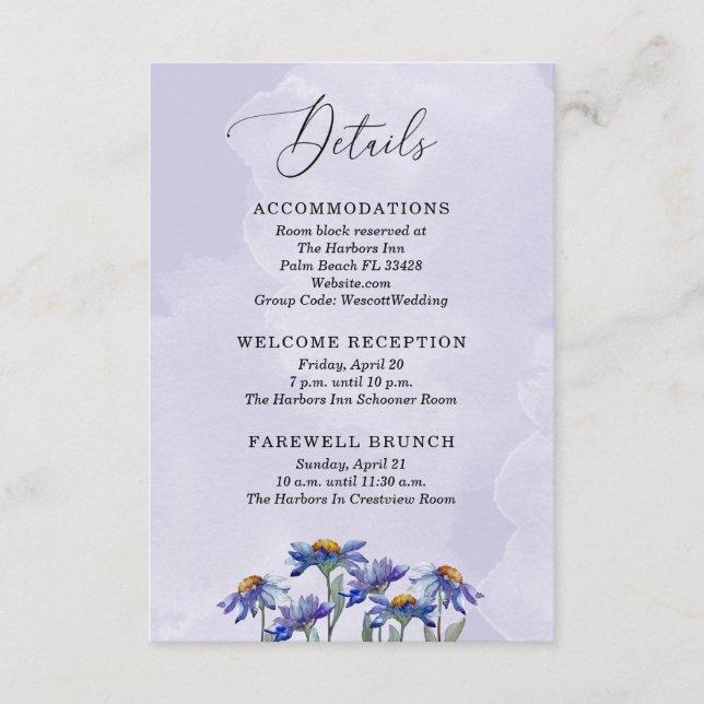 Rustic Lavender Lila Daisies Wedding Details Begleitkarte (Vorderseite)