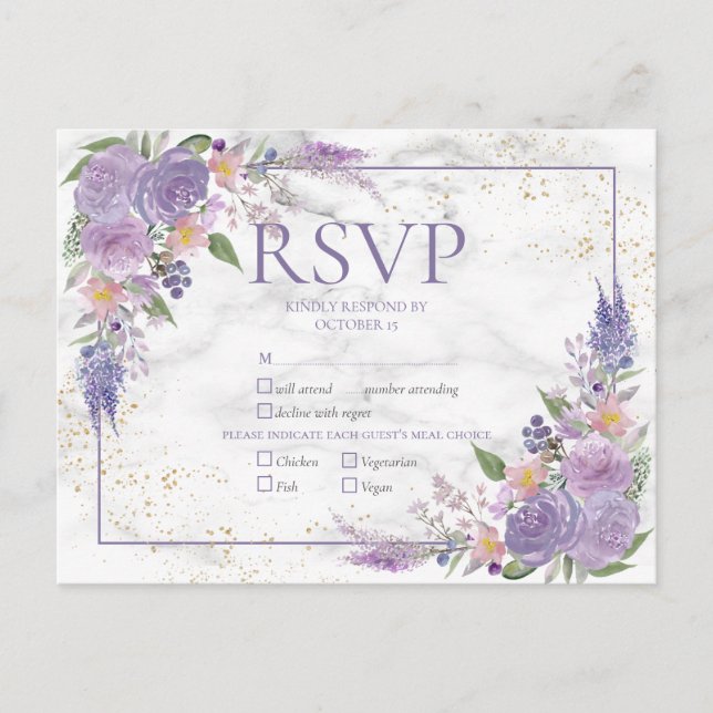 Rustic Lavender Lilac Gold Floral Wedding RSVP Einladungspostkarte (Vorderseite)