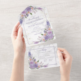 Rustic Lavender Lilac Marble Gold Floral Wedding All In One Einladung