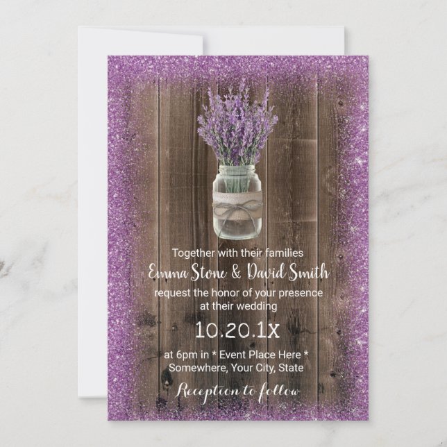 Rustic Lavender Mason Jar Lila Blume Hochzeit Einladung (Vorderseite)