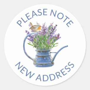 Rustic Lavender und Robin Watercolor - neue Adress Runder Aufkleber