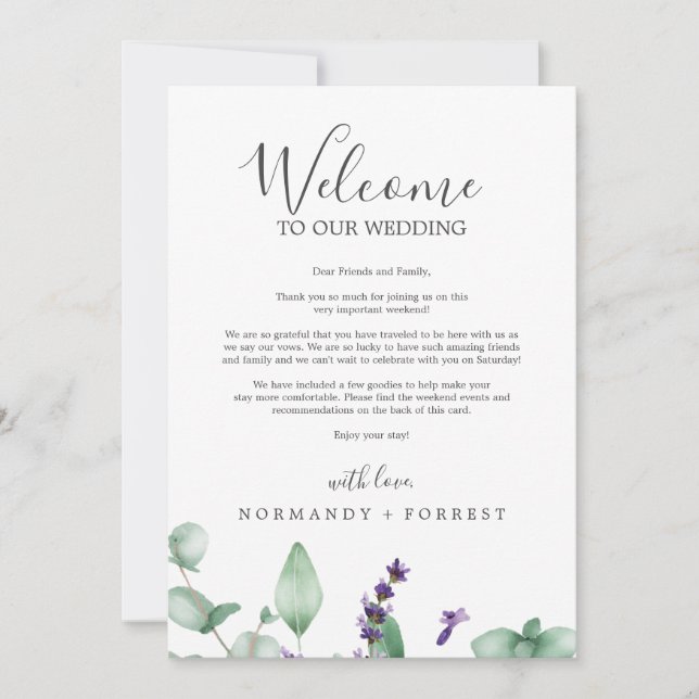 Rustic Lavender Wedding Welcome Letter & Itinerary (Vorderseite)
