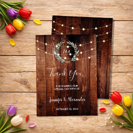Rustic leaves string lights Thank you wedding card