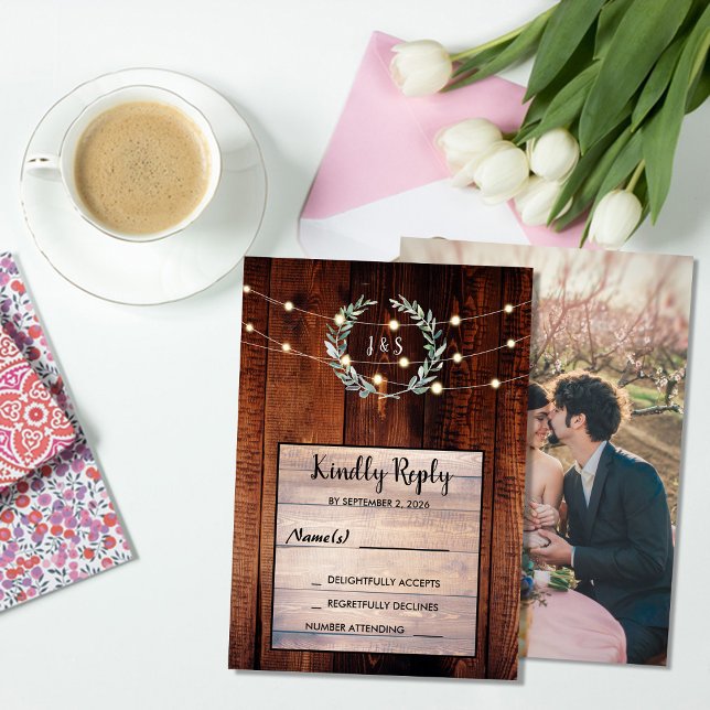 Rustic leaves wood string lights Wedding RSVP  Einladung (Rustic leaves wood string lights Wedding RSVP Invitation. You can add your own photo and text,)