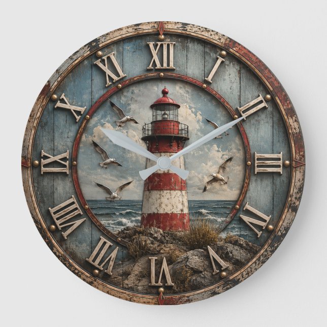 Rustic Lighthouse Coastal Nautical Beach House  Große Wanduhr (Vorderseite)
