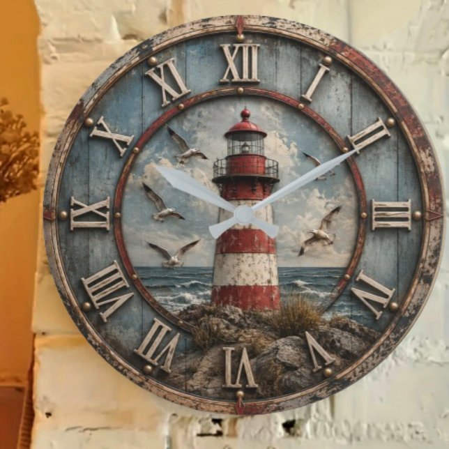 Rustic Lighthouse Coastal Nautical Beach House  Große Wanduhr (Von Creator hochgeladen)